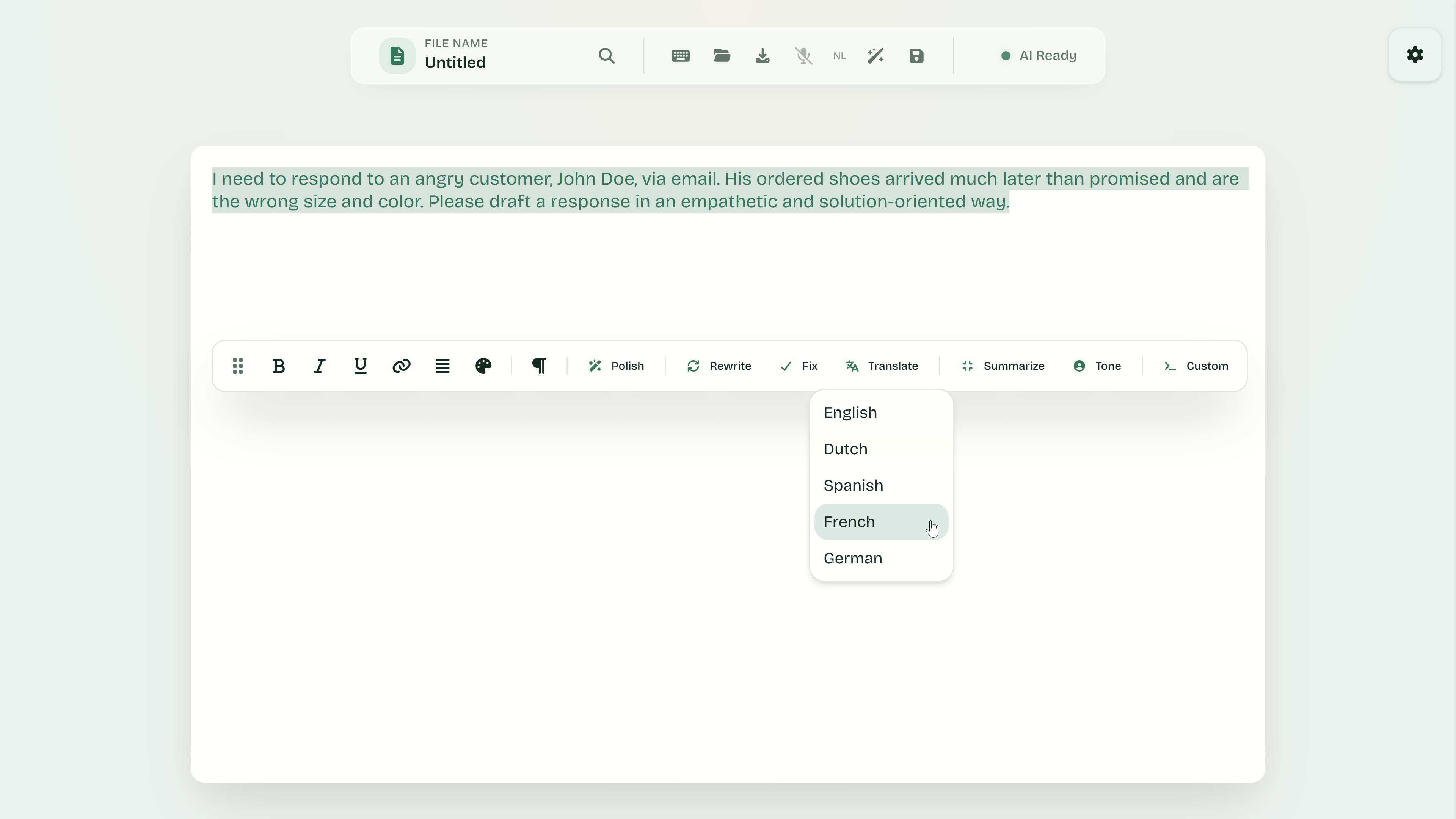 TextCompleter floating toolbar with polish, rewrite, fix, and translate actions